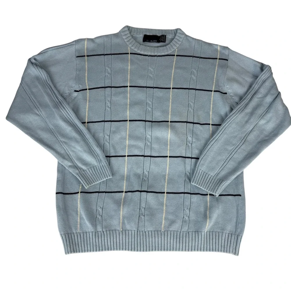 Bill‎ Blass Mens Light Blue Cotton Cable Knit Windowpane Crewneck Sweater XL